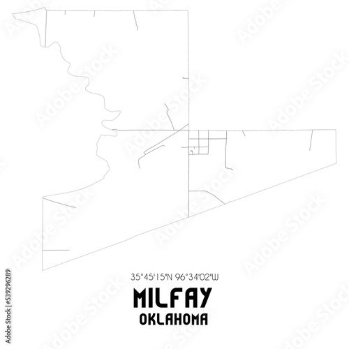 Milfay Oklahoma. US street map with black and white lines.