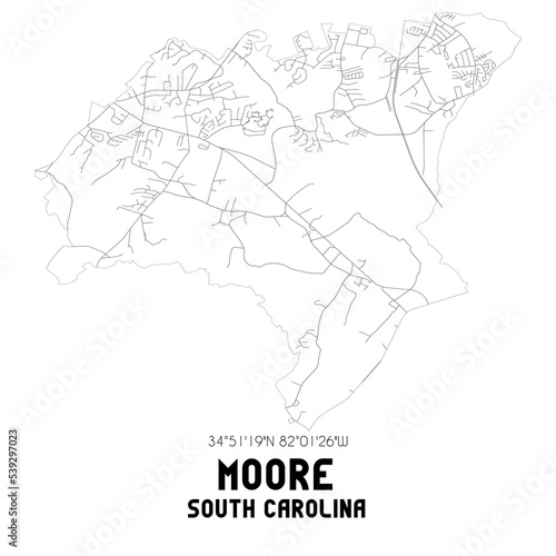 Moore South Carolina. US street map with black and white lines.