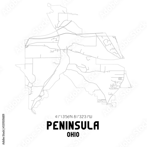 Peninsula Ohio. US street map with black and white lines.