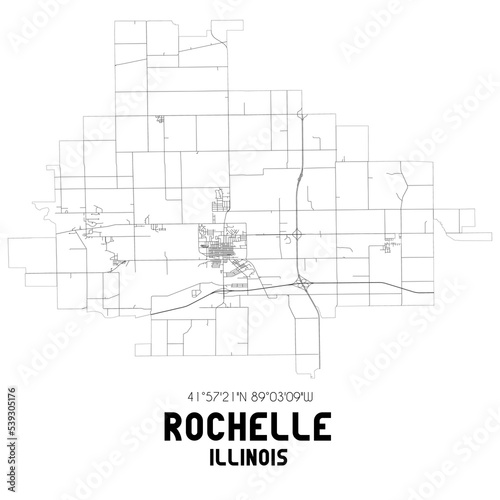 Rochelle Illinois. US street map with black and white lines.