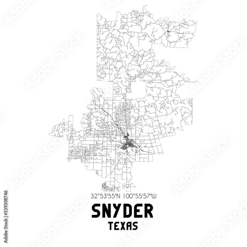 Snyder Texas. US street map with black and white lines.