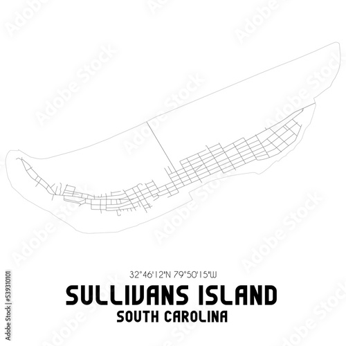 Sullivans Island South Carolina. US street map with black and white lines.