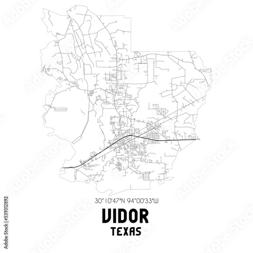 Vidor Texas. US street map with black and white lines.