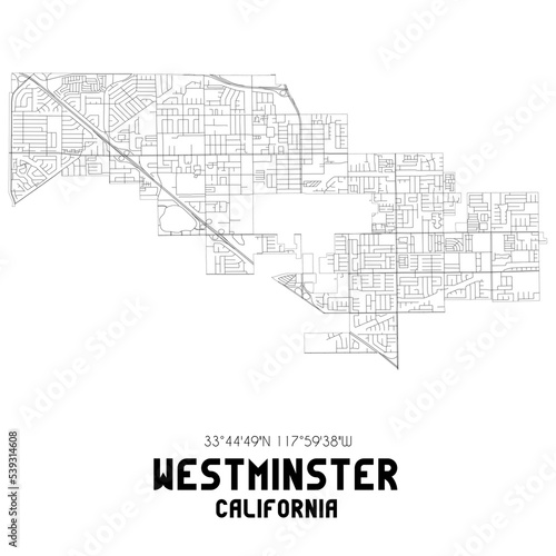 Westminster California. US street map with black and white lines.