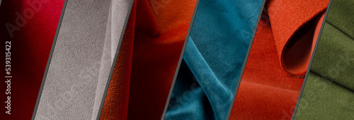 Velour textile samples banner. Collage of Trendy Colors pallette of Velour Fabric.