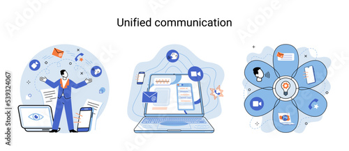 Unified communication metaphor. Characters use wireless telephony connection. Telecommunication system via cloud or network. Social media creative idea. Online social network. Business interaction app