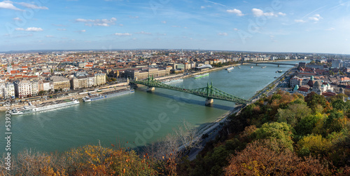 Panoramic aerial view of Danube River with Liberty Bridge and Petofi Bridge - Budapest, Hungary
