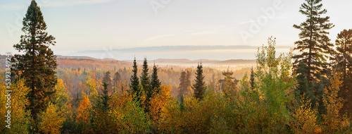 Panorama of a valley in the Sawtooth Mountains of Minnesota at sunrise on an autumn morning