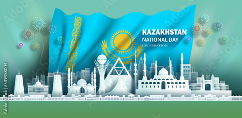 Anniversary celebration independence Kazakhstan day and travel landmarks Astana city with flag background, Tour Kazakhstan landmark with panorama view popular capital in origami paper cut.