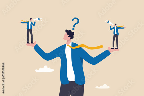 Dilemma or moral conflict, disagreement or argument for business direction, decision problem or question, choosing choice, alternative or solution concept, confused businessman choosing directions.