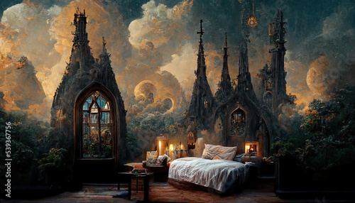 AI generated image of a medieval themed bedroom 