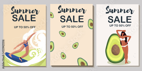 Colorful vector Summer sale layout poster, banner, background, vacation mood, cards, invitation, summer vibes, tanned woman, tropical, serf, avocado, girl, tag, relaxation, chill out, flyer, sale.