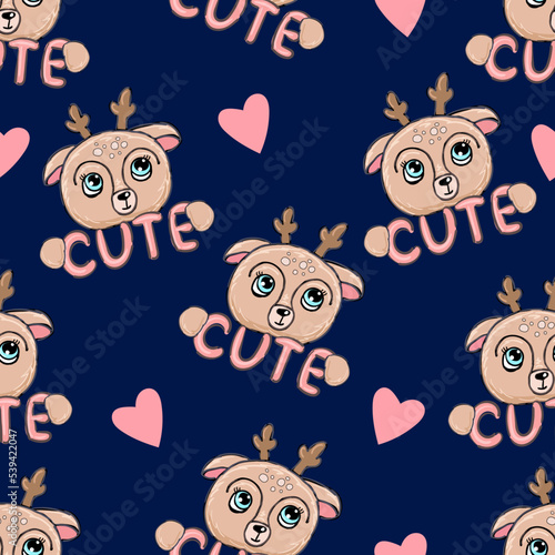 seamless pattern with moose and pink hearts. Cute vector hand deer background in cartoon style. Perfect for wallpapers, fabric, textile.