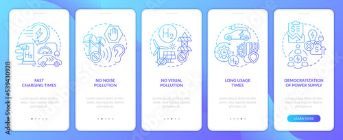 H2 fuel cells pros blue gradient onboarding mobile app screen. Green energy walkthrough 5 steps graphic instructions with linear concepts. UI, UX, GUI template. Myriad Pro-Bold, Pro-Regular fonts used