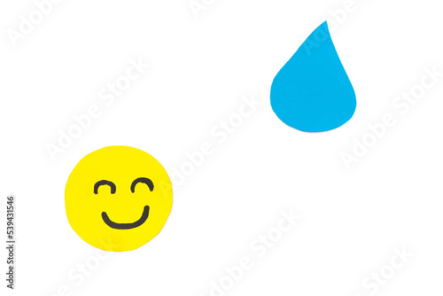 happy paper faces on white background for copy space with concept of saving water, climatology, climate change, rains, wellness