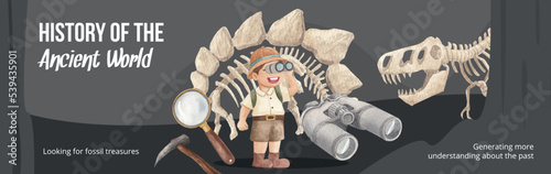 Facebook ads template with Fossil Archeologist concept,watercolor style