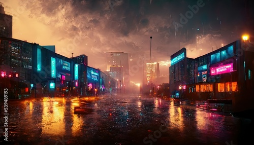 The streets in a fantasy city, with blue and orange light tint, neon lights, cinematic atmosphere.