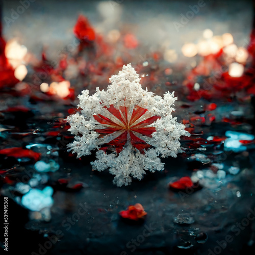 Czerwony płatek śniegu z krwi. Płatek śniegu poplamiony krwią. Kinowa ilustracja śniegu.