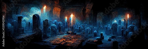 Scary endless medieval catacombs with torches. Mystical nightmare. 3D Rendering. Digital Painting. Generative AI