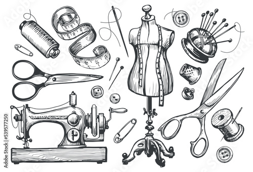 Tailored clothes. Sewing tailor tools set vector hand drawn sketch illustration. Clothing workshop concept