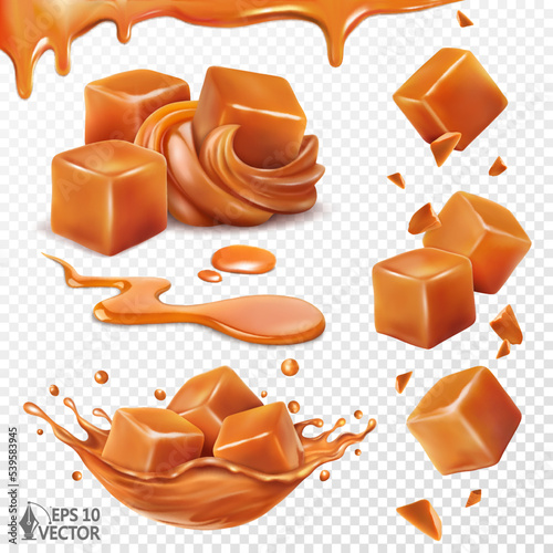 Set with caramel cream, slices and pieces. Liquid caramel splash crown. Falling toffee candies. 3d realistic vector illustration