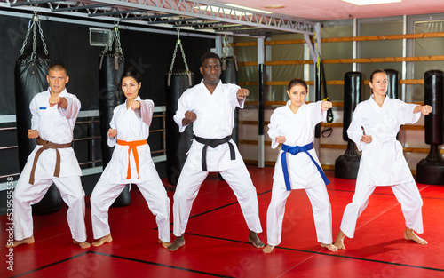 Multiracial group of men and women in kimono performing kata in gym during training.