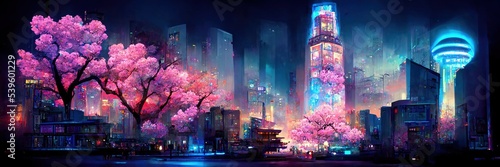 Fantasy night city Japanese landscape, neon light, residential buildings, big sakura tree. Night urban fantasy background. 3D illustration. Generative AI