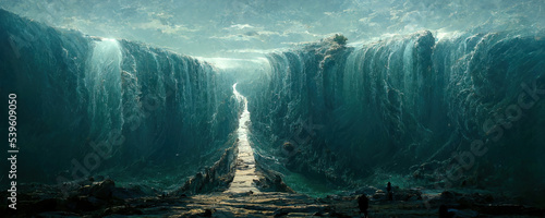Ocean opening in biblical event of Moses. Opening of the Red Sea. 3D Illustration Rendering. AI generated image