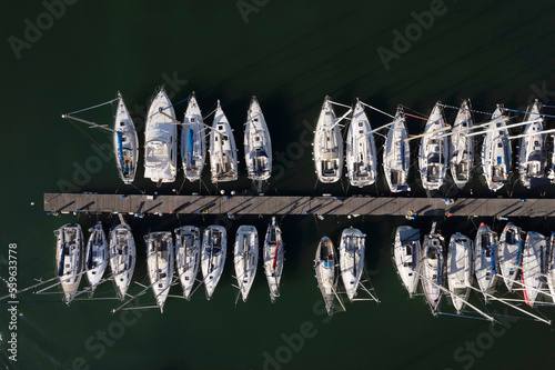 Aerial view of boats moored in the tourist port of Viareggio Italy