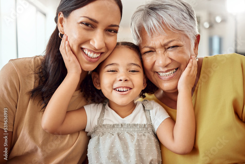 Children, family and generations with a girl, mother and grandmother together in their home during a visit. Kids, portrait and love with a senior woman, daughter and granddaughter bonding in a house