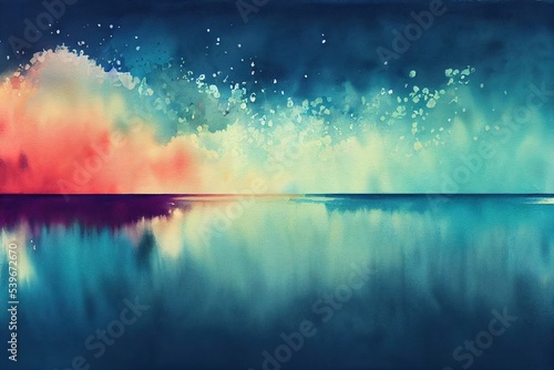 Panorama background with water surface. Freshness of nature wallpaper with space for text. Abstract watercolor painting.