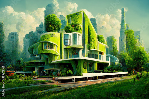 Green building with garden. Parametric solapunk eco-architecture. Green city sustainability. Ai generated art illustration