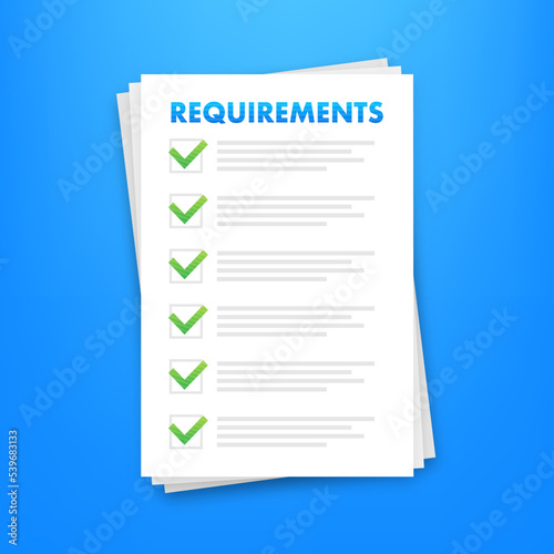 Requirements specifications document. Describing user task in document. Vector stock illustration.