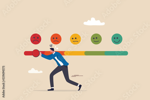 Dissatisfaction, dislike or negative feedback, angry customer or dissatisfied employee, angry review, disappointment rating or complaint concept, man pushing rating bar to dissatisfaction level.