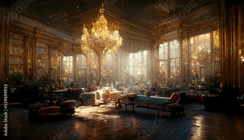 AI generated image of a palatial ornate vintage grand ballroom in Europe 