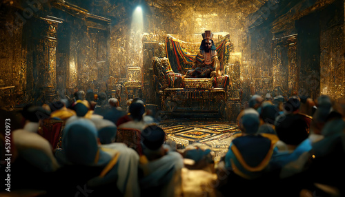 AI generated image of an ancient Egyptian Pharoah holding court in his palace, with various courtiers in attendance 