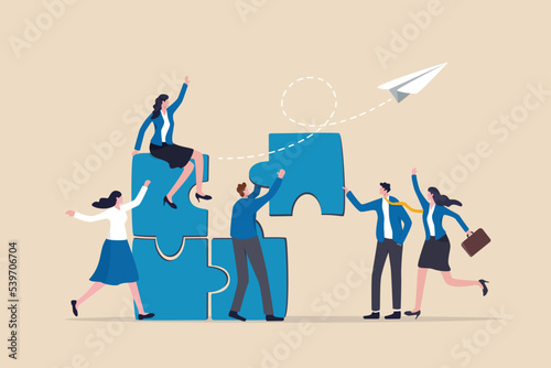Employee engagement improve involvement or encourage employee success together, increase value and workplace motivation concept, happy business people, employees help complete jigsaw in their office.
