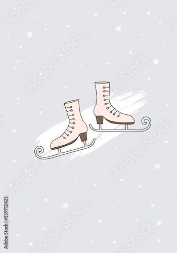 Retro Greeting Card with Vintage Pink Skate snowflakes on gray ice background. Cute Vector Illustration Template for Holiday Greeting Card Stationery