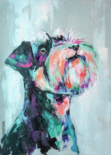 Oil dog portrait painting in multicolored tones. Conceptual abstract painting of a schnauzer muzzle. Closeup of a painting by oil and palette knife on canvas.