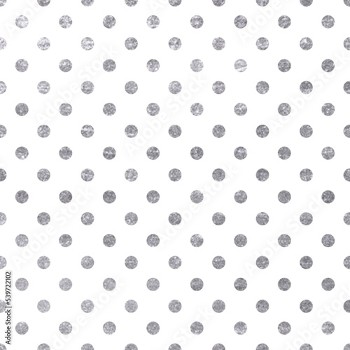 Seamless shiny silver glitter polka dot pattern on white background.