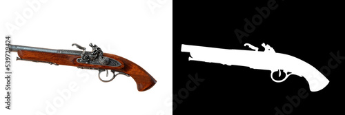 Antique blunderbuss pistol isolated on white background with clipping mask and path