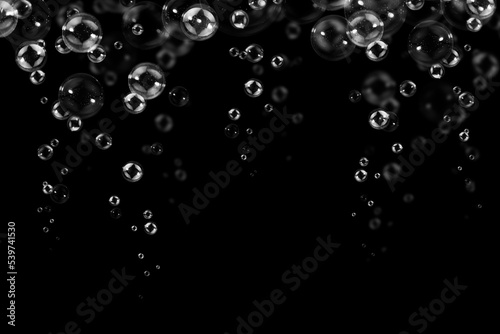 Transparent Air Bubbles Float Up on Black Background. Freshness Circles Bubbles Water. Soda Water breezy 