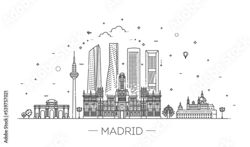 Banner of Madrid city skyline in flat line trendy style. Madrid city line art