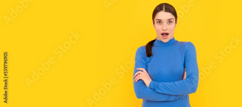 pretty look of young girl. face portrait of lady on yellow background. express positive emotions. Woman isolated face portrait, banner header poster with mockup copyspace.