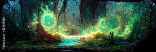 Fantasy magic portal in a Deep magical forest. 3D illustration. Generative AI