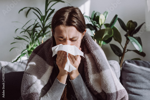 Sick frozen young female seated on sofa in living room covered with warm cozy plaid sneezing holding paper napkin blow out runny nose feels unhealthy, seasonal cold. Weakened immune system concept.