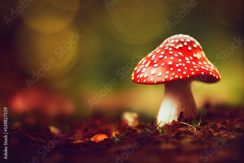 Fly Agaric toadstool fungus (Amanita Muscaria, a poisonous mushroom) in a forest.