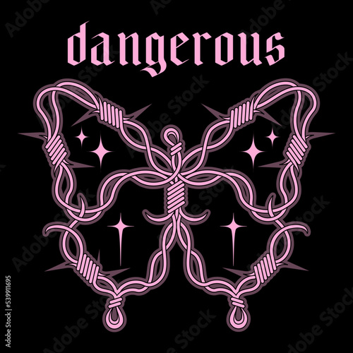 Emo goth barbed wire butterfly, weird black and pink concept. Glamor trendy 2000s aesthetic. Psychedelic Y2k Graphic vector icon.