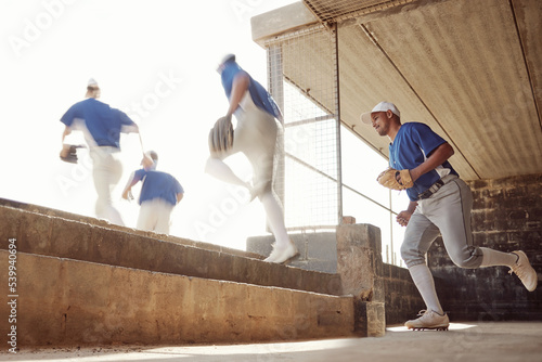 Sports, baseball dugout or team running into championship game, competition or practice match. Group of men, athlete or baseball player ready for cardio exercise, fitness workout or teamwork training