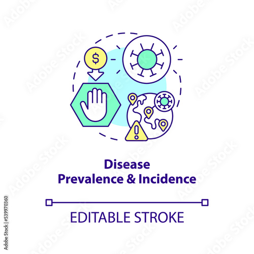 Changes in disease prevalence and incidence concept icon. Costly healthcare reason abstract idea thin line illustration. Isolated outline drawing. Editable stroke. Arial, Myriad Pro-Bold fonts used
